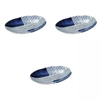 Set of 3 Gosu Striped Fruit Plates x x Medium Oval Bowl by Setomonohonpo [20.8 14.5 3.2 cm]
