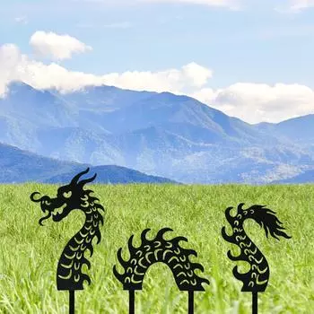 Set of 3 Stunning Metal Dragon Garden Stakes: Decorative Ornaments for Lawn & Patio.Add Charm to Your Outdoor Spaces. чёрный
