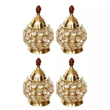 Set of 4 Designer Golden Brass Crystal Akhand Diyas for Puja Room, Home, Office, Temple Decor