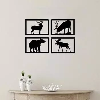 Набор из 4 произведений искусства «Дикая природа» — Медведь, Лось, Олень, Лось — 9 x6 Каждая металлическая настенная картина Четыре предмета искусства «Дикая природа» Медведь, Лось, Олень, Лось, Девять чёрный