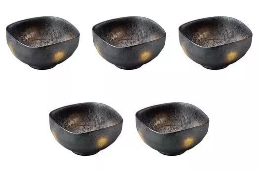 Set of 5 Black Yuzu Crystal Square Small Bowls x x Arita Ware Small Setomonohonpo Gold-Decorated [11.5 11.5 6cm] Bowls,