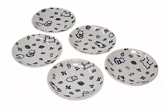 Set of 5 Cat 8cm Small Plate Porcelain Pottery Made in Japan Cat Plate ACS WEB SHOP Nyankichi Blue