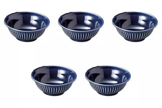 Set of 5 Chrysanthemum and Blue Small Bowls x Banko Ware Earthenware Banko Setomonohonpo [13 5cm] Pots, Ware,