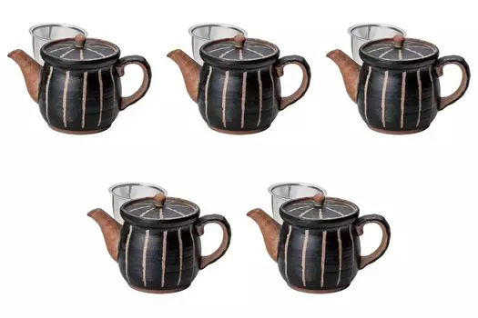 Set of 5 Large Carved Horsetail Pots Pots by Setomonohonpo (Black) (with Strainer) [500cc] чёрный
