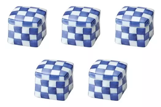 Set of 5 Small Blue and White Checkered Square Ceramic Boxes x x Arita Ware Delicacies Setomonohonpo [6.5 6.5 5.5 cm]
