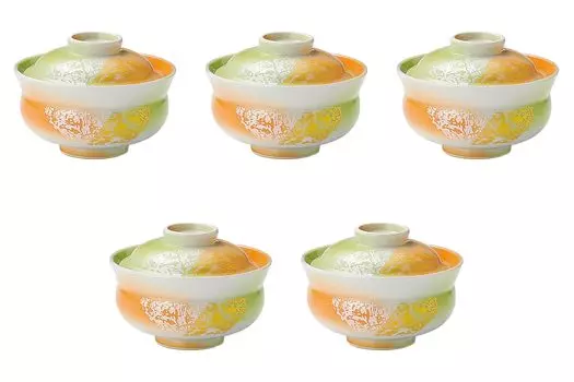 Set of 5 Small Scarlet Yellow Blown Gold and Silver Lacquer Lidded Bowls x Simmered Food Arita Setomonohonpo [10.5 7.5cm] Bowls, Ware,