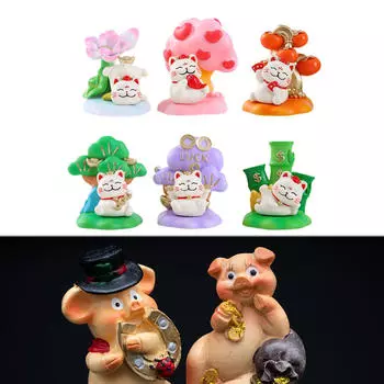 Set of 6 Cute Decorative for Wall Shelf Decor Mini Resin Lucky Cat Figurines