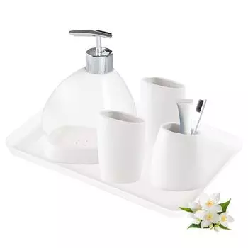 Set of 6 White Ceramic Bathroom Accessories Push Type Detergent Refill Container Toothbrush Holder Toothbrush Cup Soap Tray Drainer Ceramic