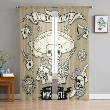 Set Of Old School Tattoo Elements Chiffon Sheer Curtains for Living Room Bedroom Decoration Window Voiles Tulle Curtain 135W x 114H(cm)