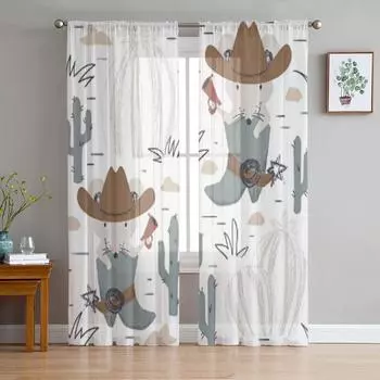 Set Of Patterns With Cowboys And Owls Chiffon Sheer Curtains for Living Room Bedroom Decoration Window Voiles Tulle Curtain 135W x 114H(cm)