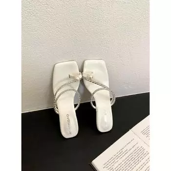 Set of toe cool slippers fairy shoes wearing new summer temperament rhinestone pearl high-heeled slippers 35