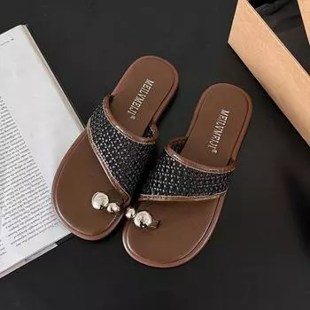 Set of toe slippers women s flat-bottomed rhinestone mesh outer wear fashionable open-toed summer new soft-soled slippers 35