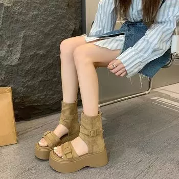 Set of toe thick-soled retro muffin-soled sandals women s summer round head fashion small medium tube cool boots women 35