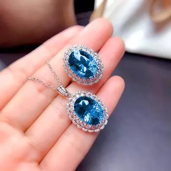 Set Perhiasan Perak Murni 925 Anting-Anting Kancing Liontin Cincin Topas Biru Langit untuk Hadiah Pernikahan Natal Wanita Perhiasan Cantik 45cm