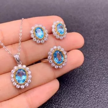 Set Perhiasan Perak Murni 925 Cincin Safir Merah Muda Liontin Kalung Anting Stud untuk Wanita Set Perhiasan Pernikahan Natal Pesta 45cm