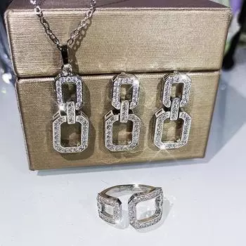 Set Platinum Plated Zircon Inlay Jewelry Set Bridal Necklace Earring Ring Three piece Set