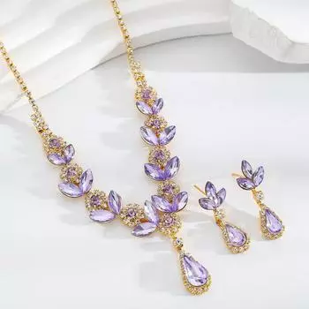 Set Purple Rhinestone Necklace Women S Summer Flower Clavicle Chain Luxury Premium Water Drop Earrings