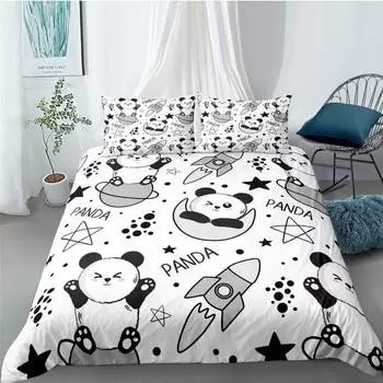 Set Seprai Poliester Panda Lucu Kartun Penutup Tempat Tidur Anak Laki-laki Set Seprai Untuk Remaja Set Seprai Ukuran King EU single(135x200cm)
