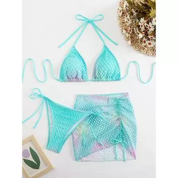 Сет сексуального бикини из сетки Женский купальник Контрастный цвет Три предмета Женский купальный костюм Пляжный Летний Новая мода Купание Пляжная одежда S синий