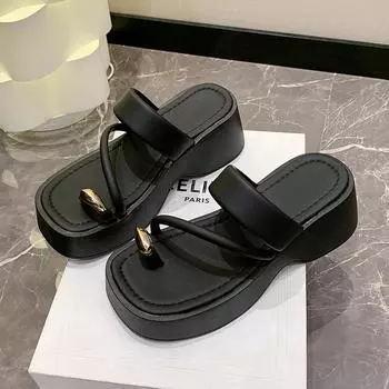 Set Toe Модные женские тапочки Летние новые большие носки с блестками Простая текстура Толстая подошва Женские сандалии Тапочки Sandalias De Mujer 35 бежевый