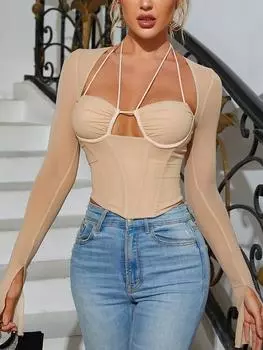 Сетчатая блузка с длинным рукавом, женская сексуальная пуш-ап, мягкий корсет, укороченные топы, осенне-весенний топ с бретелькой на шее, вечерние клубные рубашки S хаки