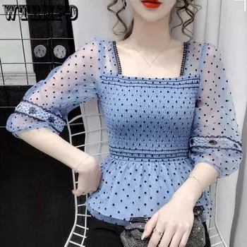 Сетчатая блузка с волнистой точкой, женская укороченная шифоновая рубашка с квадратным вырезом и эластичной резинкой сзади, темпераментный сказочный стиль, лето S синий