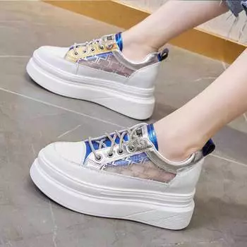 Сетчатая дышащая внутренняя часть увеличивает рост, маленькие белые туфли для женщин, весна 2025, новый дизайн, чувство соответствия цвета, универсальные спортивные и развлекательные туфли для сноуборда 34 синий