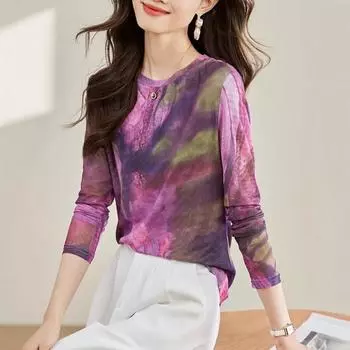 Сетчатая футболка с длинными рукавами, укороченная рубашка на весну, новый стиль, модная рубашка для мам, тонкий топ M