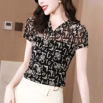 Сетчатая футболка с v-образным вырезом и принтом букв, женская летняя новая эластичная облегающая нижняя часть, пуловер с короткими рукавами, блузка L-5XL L чёрный