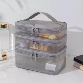 Сетчатая косметичка, многослойная, большая вместимость, видимая застежка-молния с ручкой, портативная секретная сумка для хранения косметики для путешествий, путешествий серый