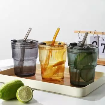 Сетчатая красная ветровая вертикальная полоска Ins Coffee Glass Cap straw Water Cup Красивая кружка для американского кофе со льдом Latte Milk Cup 450 мл 301-400ml