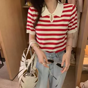Сетчатая красная взрывная ледяная шелковая футболка с коротким рукавом, летняя новая тонкая трикотажная полосатая футболка с V-образным вырезом, женская свободная маленькая рубашка One size