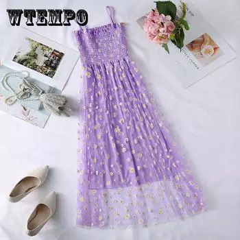 Сетчатая маленькая юбка с завышенной талией и ромашками на подтяжках, маленькое свежее платье, милое платье в литературном стиле ретро для первой любви, платье феи без рукавов S чёрный