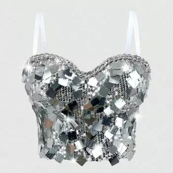 Сетчатая металлическая цепочка на бретельках с блестками, корсетный бюстгальтер, укороченный топ, женские бюстгальтеры пуш-ап, укороченные майки, карнавальные вечерние, клубные, сценические, Dj Ds, вечерние 34B