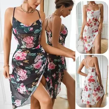 Сетчатая ночная рубашка с цветочным принтом, летняя женская ночная рубашка, сексуальное кружевное домашнее платье на подтяжках, одежда для отдыха XS белый