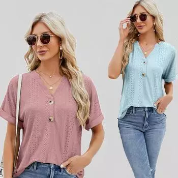 Сетчатая однотонная рубашка с коротким рукавом для женщин, летняя футболка с v-образным вырезом и коротким рукавом, свободная талия на пуговицах, повседневные дышащие легкие рабочие пуловеры, топы S