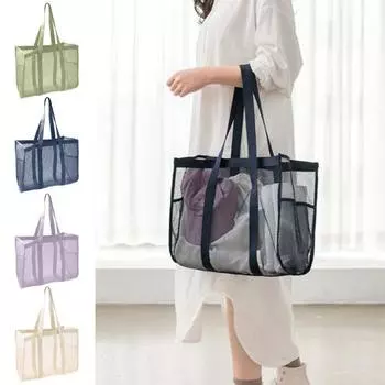 Сетчатая пляжная сумка большой емкости, портативная ручка, складная, пескозащитная, полая, для спортзала, для плавания, продуктовые игрушки, дорожная сумка на одно плечо зелёный