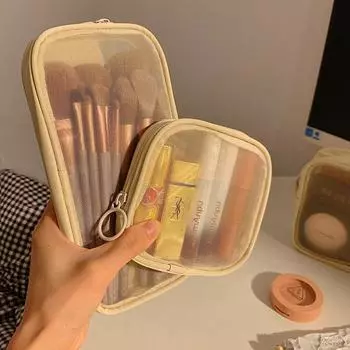Сетчатая прозрачная косметичка женская портативная дорожная сумка-органайзер для помады и кистей для макияжа мини-маленькая small прозрачный/жёлтый