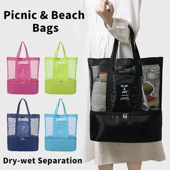 Сетчатая прозрачная сумка большой емкости для женщин, защита от песка, двухслойная, сохраняющая тепло, большая сумка для пикника, пляжа, для плавания, путешествий, ежедневно чёрный