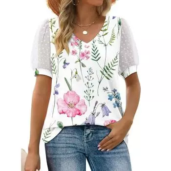 Сетчатая пышная рубашка с коротким рукавом и v-образным вырезом с принтом, женская винтажная элегантная свободная блузка, женская мода 2023, повседневные летние топы с цветочным принтом 27786 S орион