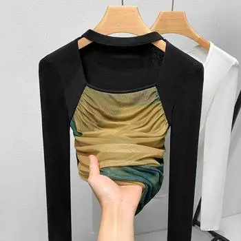 Сетчатая рубашка для женщин, новая женская футболка в стиле ретро с квадратным воротником, с длинными рукавами, с принтом тай-дай, топ-стрейч S чёрный