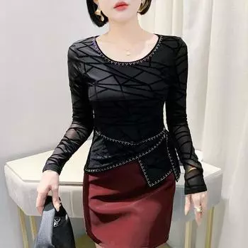 Сетчатая рубашка для женщин зимой в тяжелой промышленности гладильная верхняя тонкая футболка с длинными рукавами M чёрный