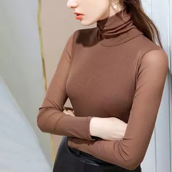 Сетчатая рубашка с высоким воротом для женщин на осень и зиму, простая однотонная футболка с длинными рукавами, эластичный облегающий топ, корейская версия M темно-синий