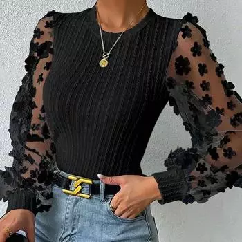 Сетчатая шифоновая рубашка с маленькими цветами, женская весна и лето, тонкий пуловер с круглым вырезом, блузка с длинными рукавами XXL чёрный