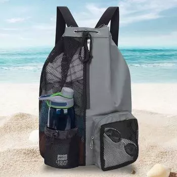 Сетчатая сумка для плавания на шнурке. Пляжный рюкзак с карманами. Водонепроницаемая легкая сетчатая сумка большой вместимости на молнии. Спортивная сумка. зелёный