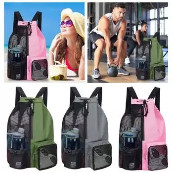 Сетчатая сумка для плавания на шнурке. Пляжный рюкзак с карманами. Водонепроницаемая молния. Легкая сетчатая сумка большой вместимости. Спортивные принадлежности. зелёный