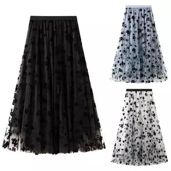 Сетчатая юбка с цветочным принтом для женщин, эластичная плиссированная длинная юбка с высокой талией, повседневная элегантная модная свободная юбка, дышащая легкая удобная юбка one size белый