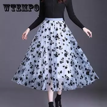 Сетчатая юбка с цветочным принтом, женская весенне-летняя плиссированная юбка трапециевидной формы средней длины с высокой талией XXL чёрный