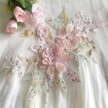 Сетчатая вышитая ткань, 2 шт., розовые аксессуары с блестками, кружевные украшения для одежды своими руками, трехмерные цветочные наклейки, нашивка из бисера 36.5*21cm розовый