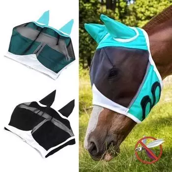 Сетчатая защита для лица от мух с ушами, защита от ультрафиолета, дышащая защита для лица лошади для защиты глаз от насекомых-вредителей L чёрный